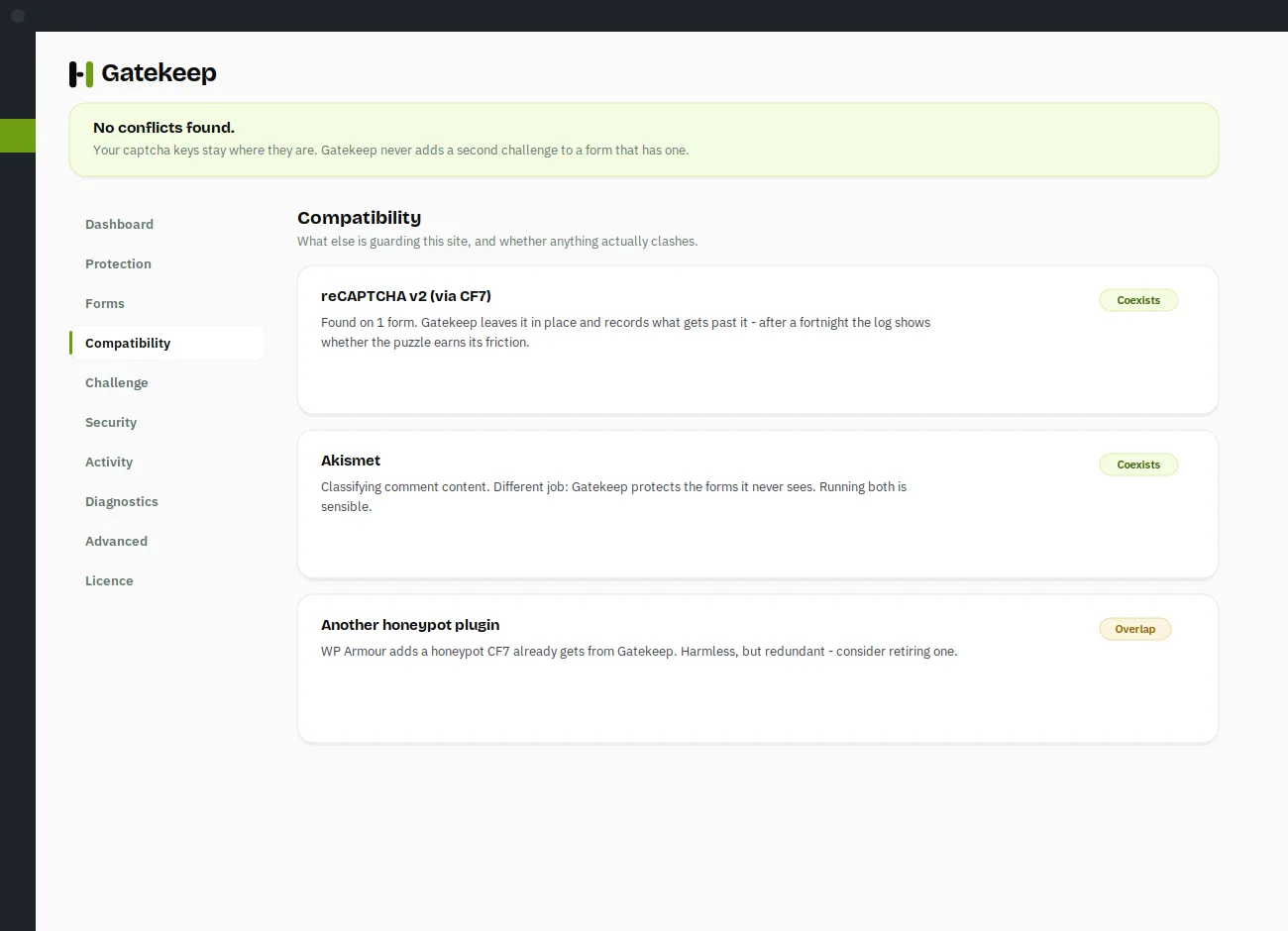 Security audit screen in the Gatekeep plugin