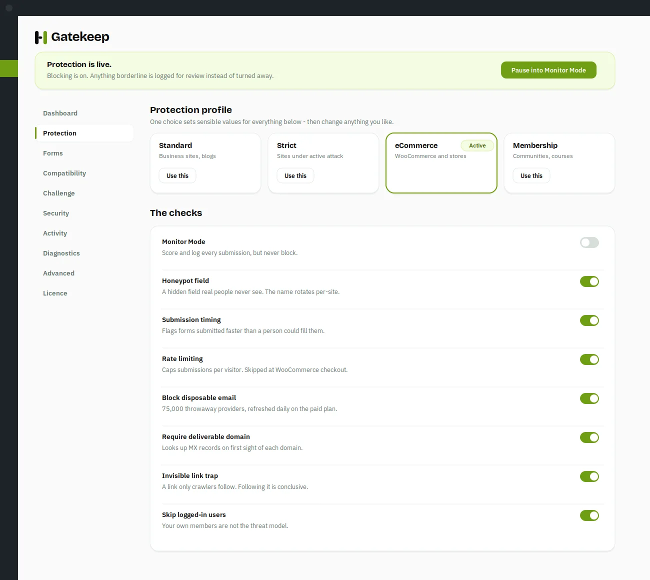 Protection profiles screen in the Gatekeep plugin